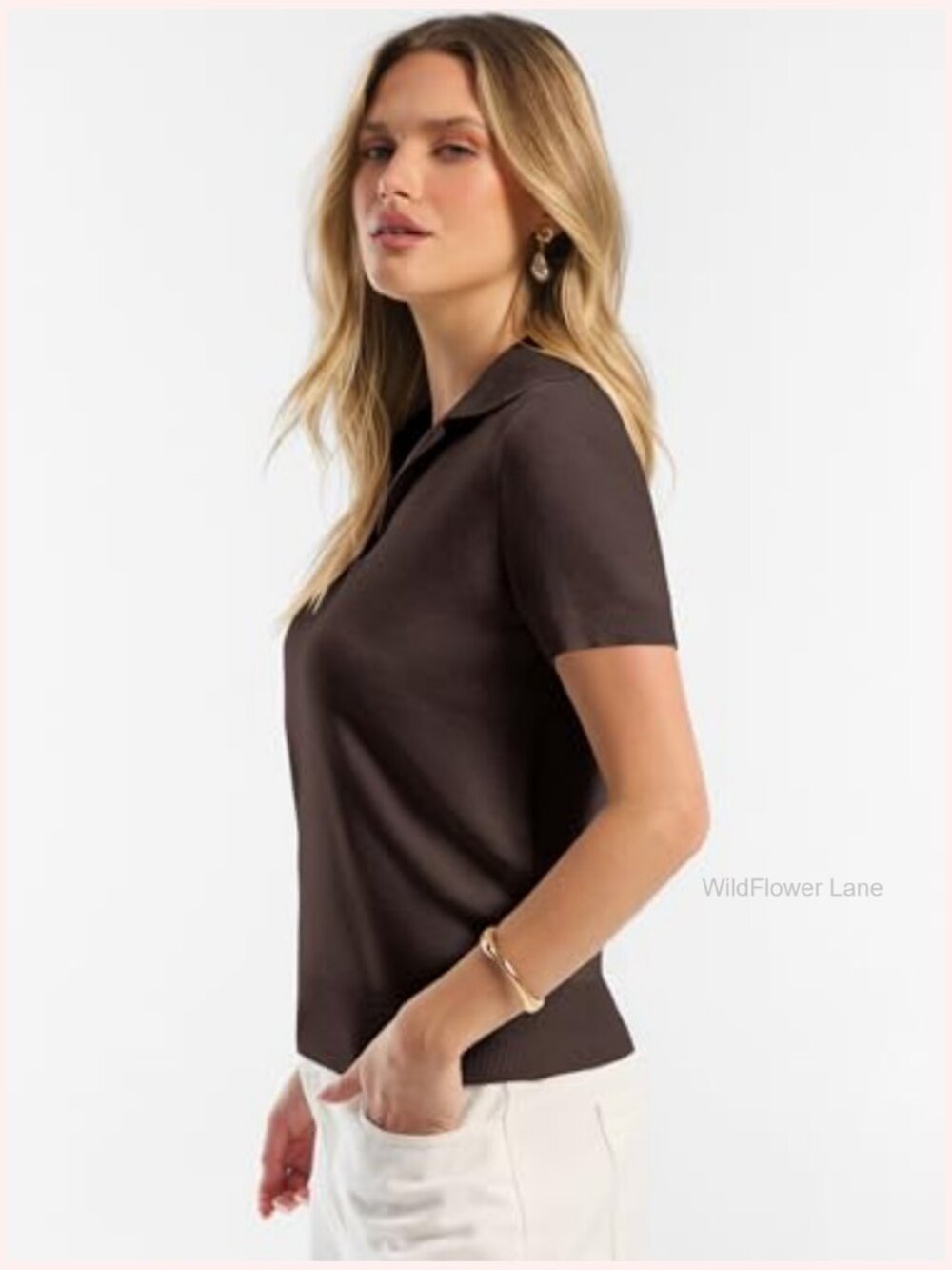Short Sleeve Wool Blend Polo V Neck Sweater Dressy Top Business Casual View 3